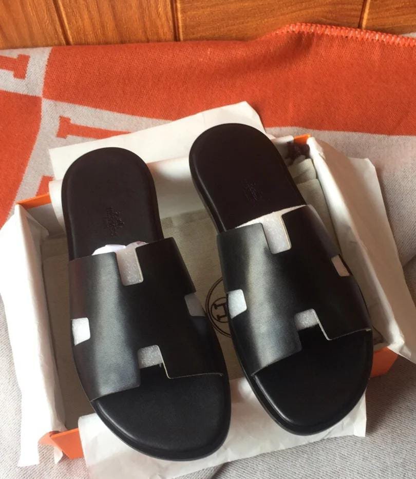 HERMES Black Slide Sandals with White Detail (with Box)