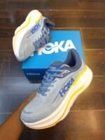 HOKA Bondi 9 Master Quality Running Shoe Grey with Yellow Accents