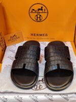 Hermès Men’s Black Crocodile-Texture Leather Slippers – Premium Designer Luxury Slides