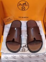 Hermès Men’s Dark Brown Leather H-Cut Slippers – Premium Designer Casual Sandals