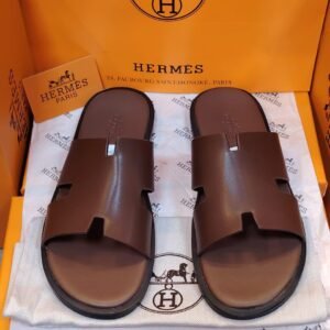 Hermès Men’s Dark Brown Leather H-Cut Slippers – Premium Designer Casual Sandals
