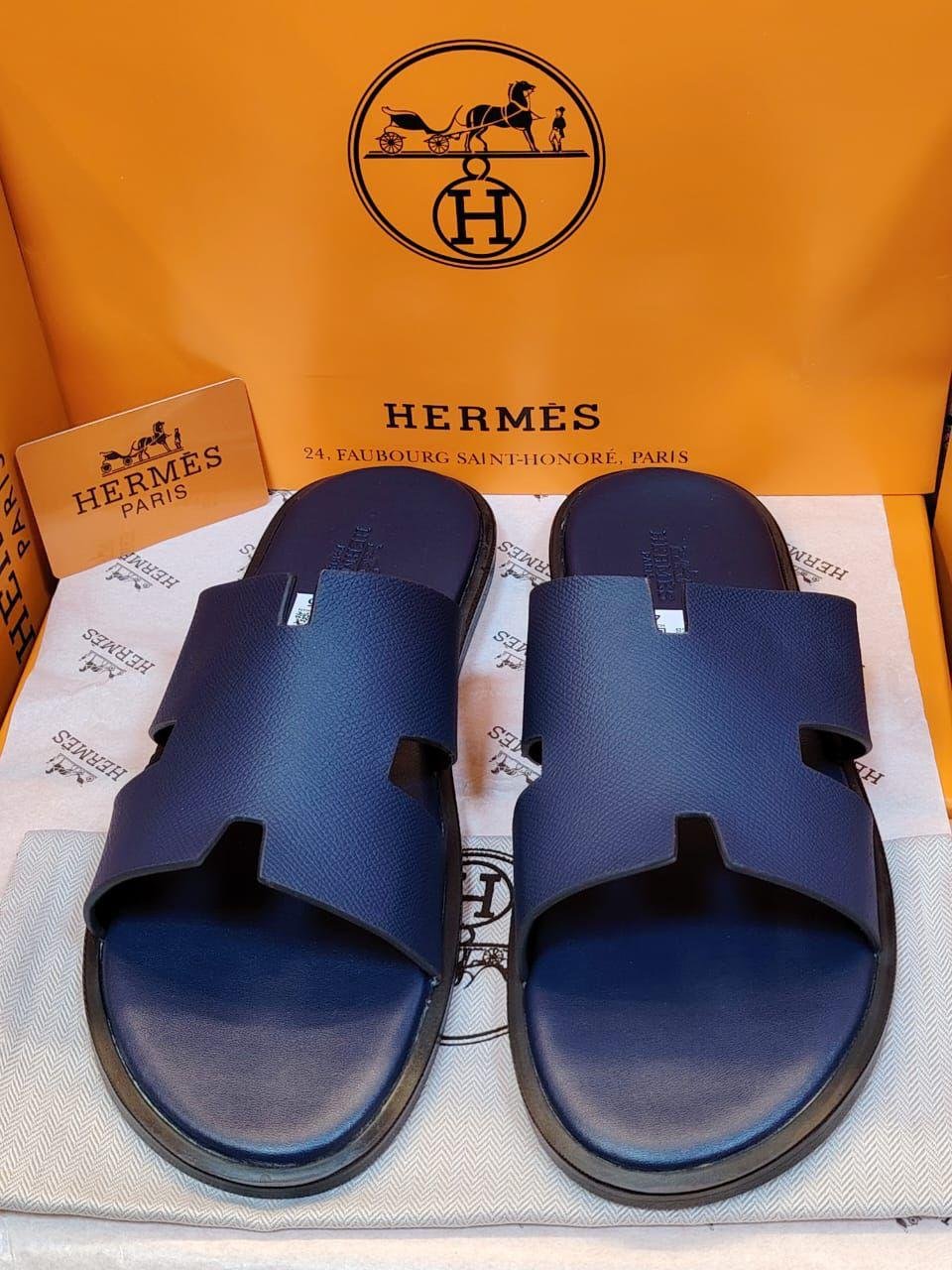 Hermès Men’s Deep Blue Leather H-Cut Slippers – Luxury Designer Comfort Slides