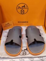 Hermès Men’s Grey Leather H-Cut Slippers with Tan Sole – Premium Designer Sandals