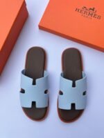 Hermès Men’s Light Blue Leather H-Cut Slippers – Luxury Designer Flat Sandals