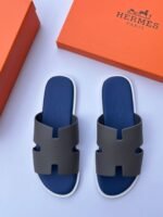 Hermès Men’s Navy Blue Leather H-Cut Slippers – Luxury Comfort Designer Sandals