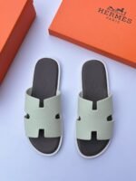 Hermès Men’s Sage Green Leather H-Cut Slippers – Premium Designer Casual Slides
