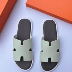 Hermès Men’s Sage Green Leather H-Cut Slippers – Premium Designer Casual Slides