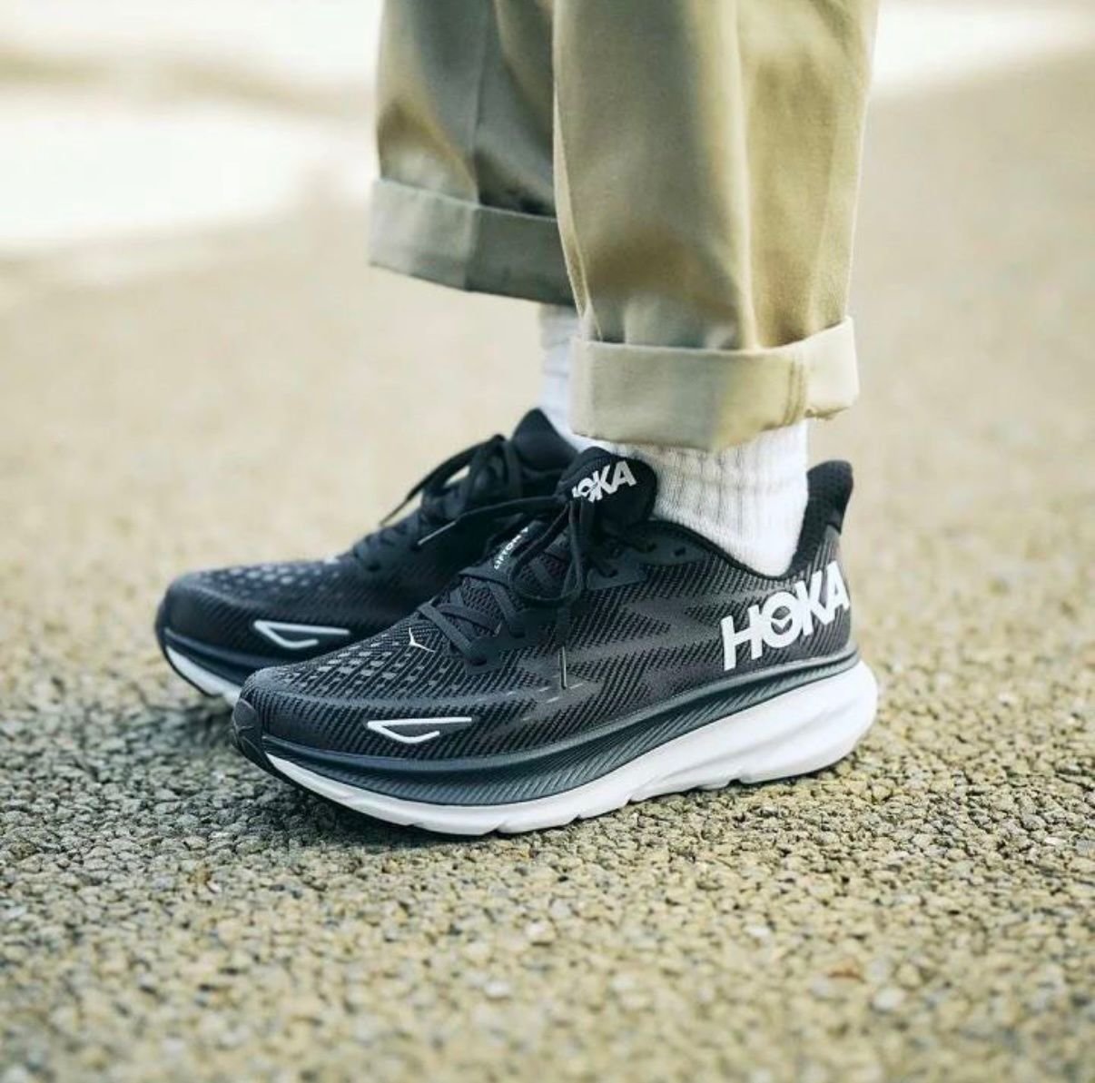 Hoka One One Clifton 9 Black & White Cushioned Running Shoes