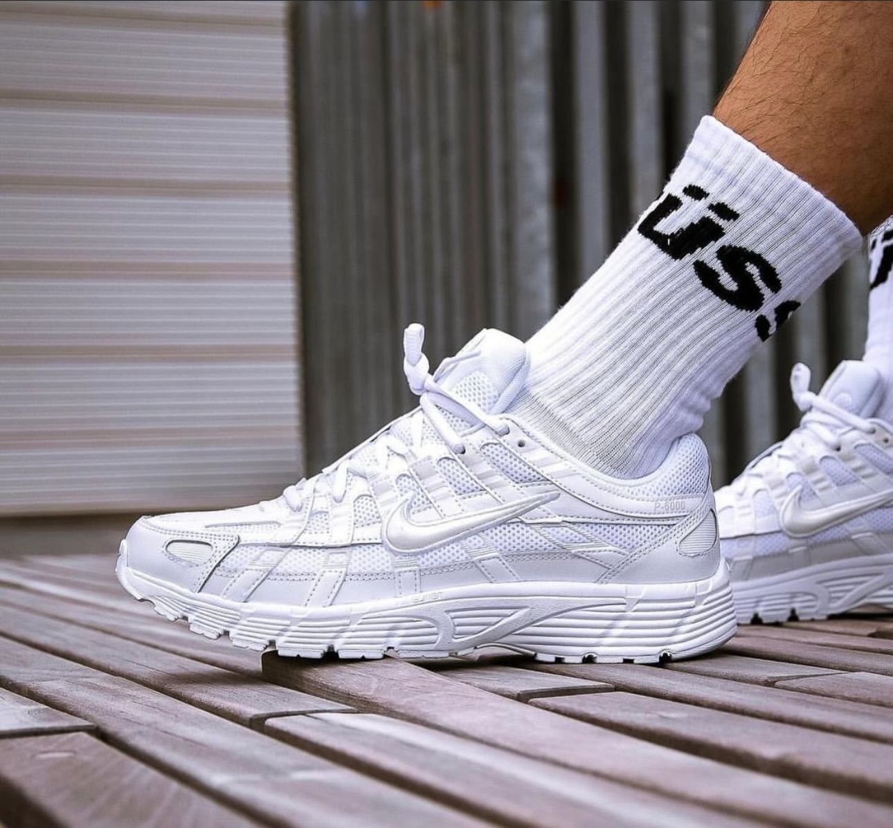 P 6000 Triple White Mesh & Leather Running Sneakers