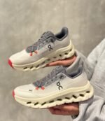 On Cloud Running Shoe Ivory with Grey & Red Accents