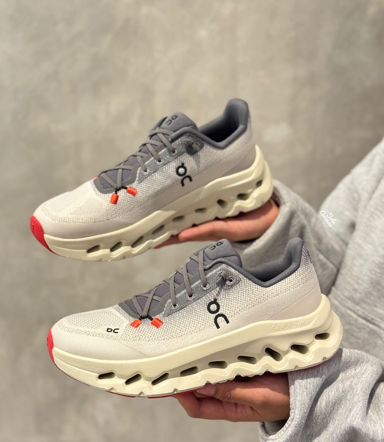 On Cloud Running Shoe Ivory with Grey & Red Accents