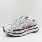 P-6000 White Running Shoes with Black Panels & Orange Swoosh Retro Mesh Design