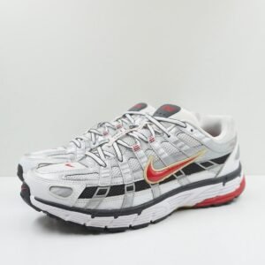 P-6000 White Running Shoes with Black Panels & Orange Swoosh Retro Mesh Design