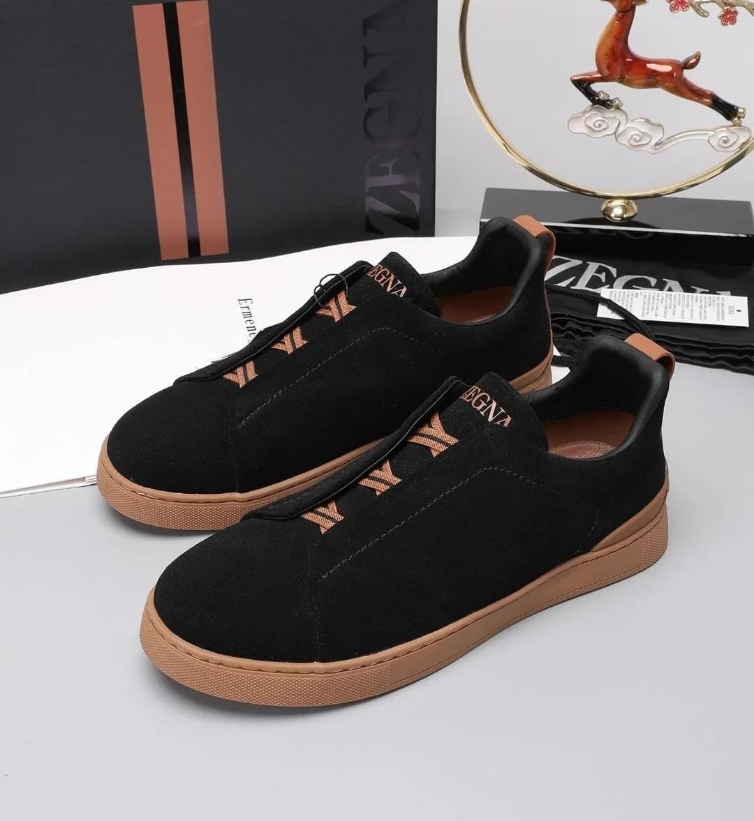 ZEGNA Men’s Black Canvas Sneakers with Brown Sole – Designer Casual Luxury Shoes