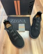 ZEGNA Men’s Black Leather Slip-On Sneakers – Premium Luxury Everyday Shoes