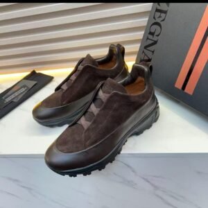 ZEGNA Men’s Dark Brown Leather Casual Sneakers – Premium Luxury Comfort Shoes