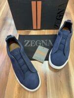 ZEGNA Men’s Navy Blue Suede Slip-On Sneakers – Premium Designer Casual Footwear