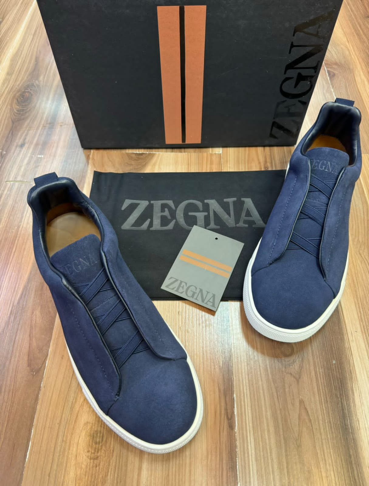ZEGNA Men’s Navy Blue Suede Slip-On Sneakers – Premium Designer Casual Footwear